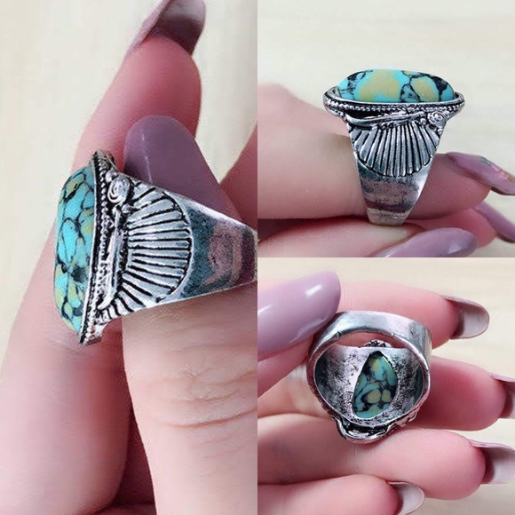 Vintage Silver Turquoise Men's Bohemian Ring - Picture 2 of 4